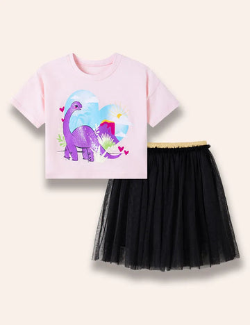 Cartoon Dinosaur Printed T-Shirt+Tulle Skirt